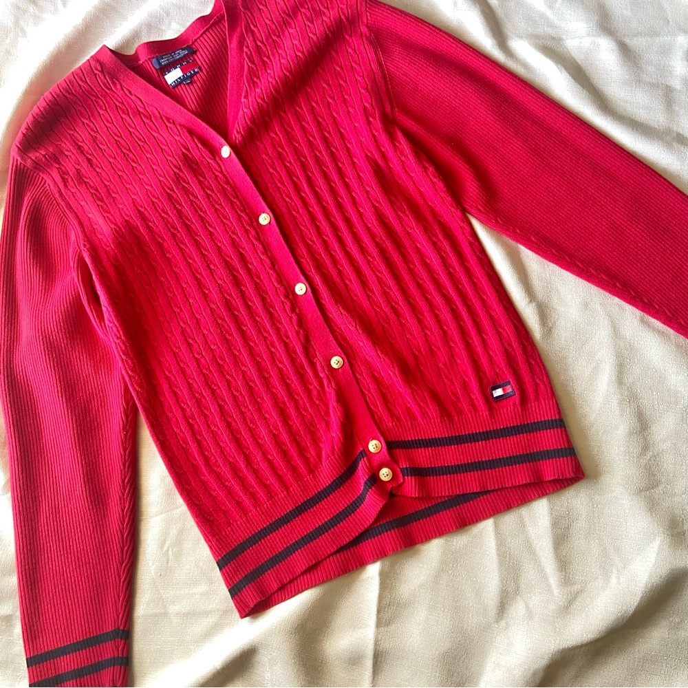Tommy Hilfiger Preppy Y2K Ribbed Knit Cardigan Sweater V Neck Cable Knit Stripes